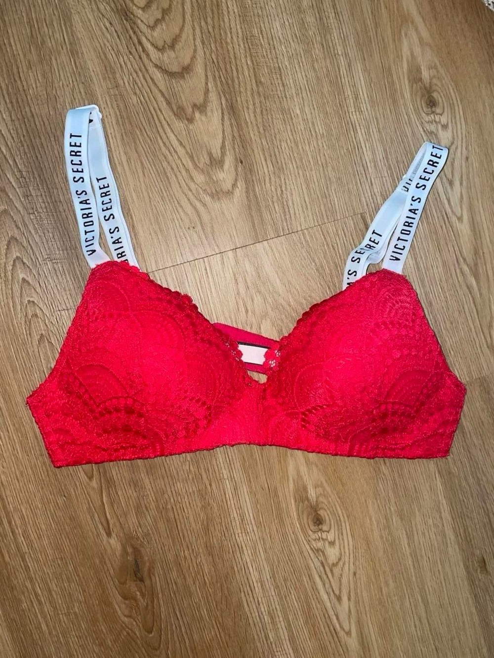 Victoria's Secret Bright Red Lace Bralette with Logo Elastic Straps
